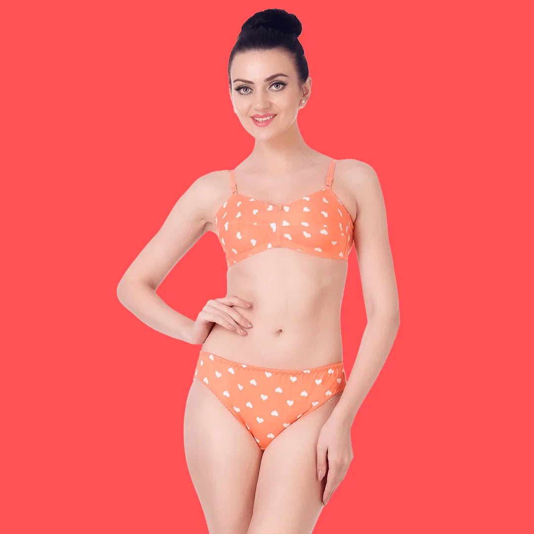 Cotton Rich Full Coverage Printed Lingerie Set for Women – Non-Padded, Wire-Free, Comfortable Daily Wear
