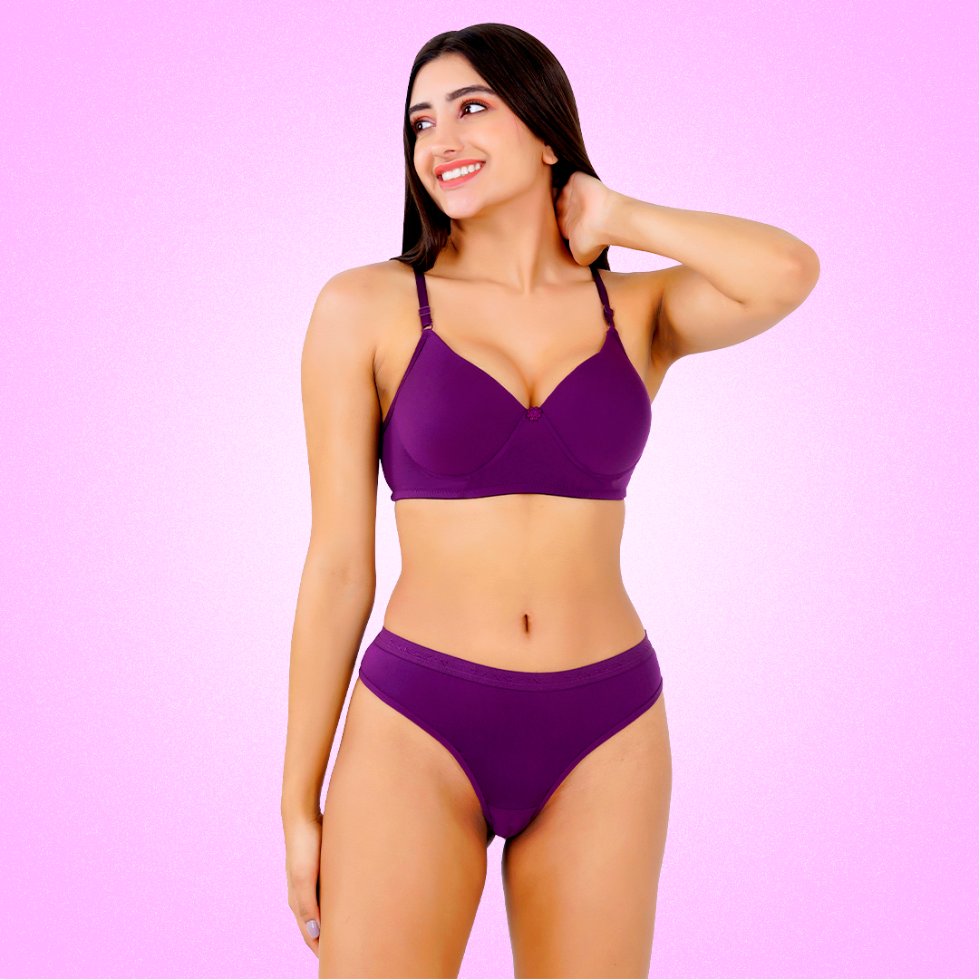 Cotton-Rich Full Coverage Lingerie Set for Women – Soft Padded, Wire-Free Daily Wear Bra & Panty Set