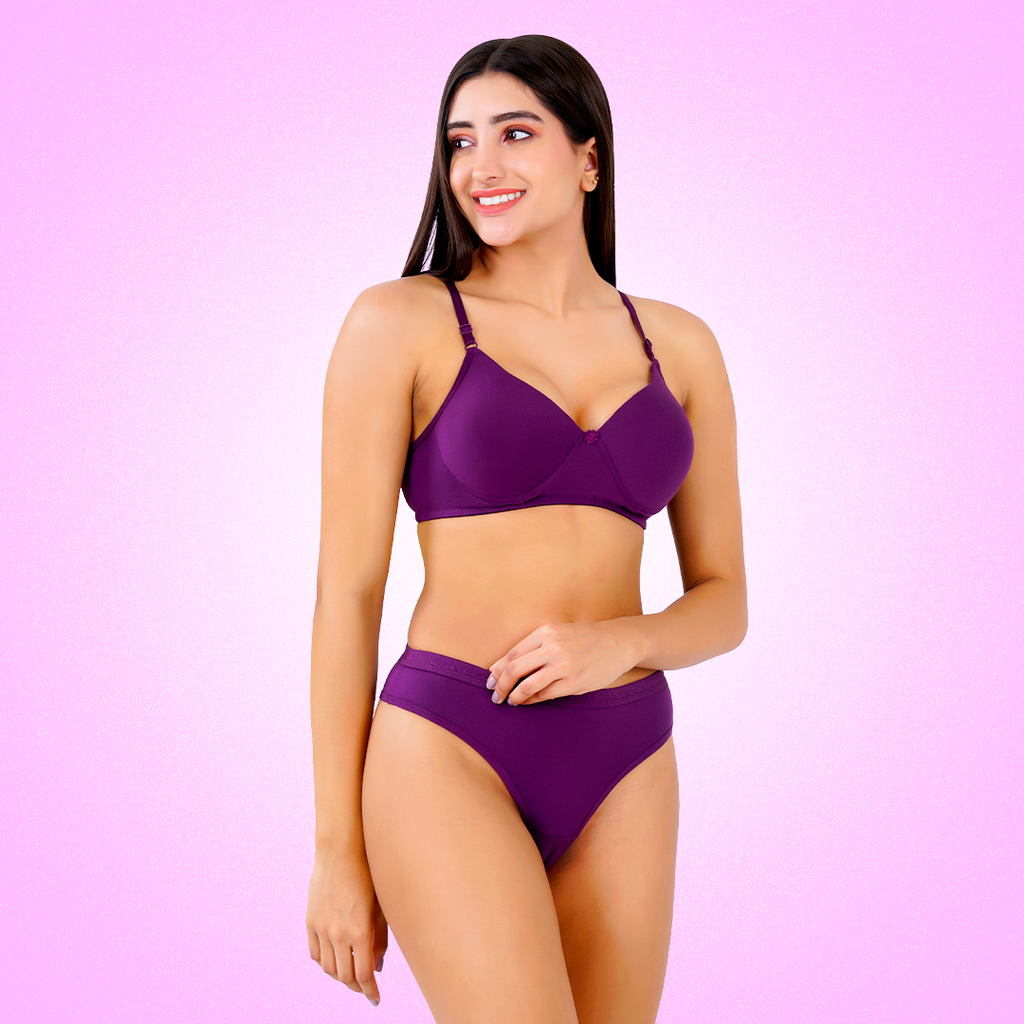 Cotton-Rich Full Coverage Lingerie Set for Women – Soft Padded, Wire-Free Daily Wear Bra & Panty Set