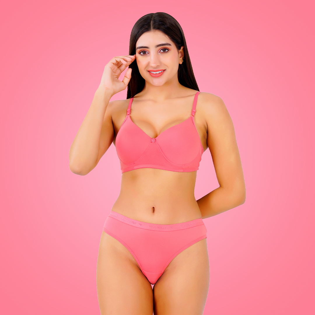 Cotton-Rich Full Coverage Lingerie Set for Women – Soft Padded, Wire-Free Daily Wear Bra & Panty Set