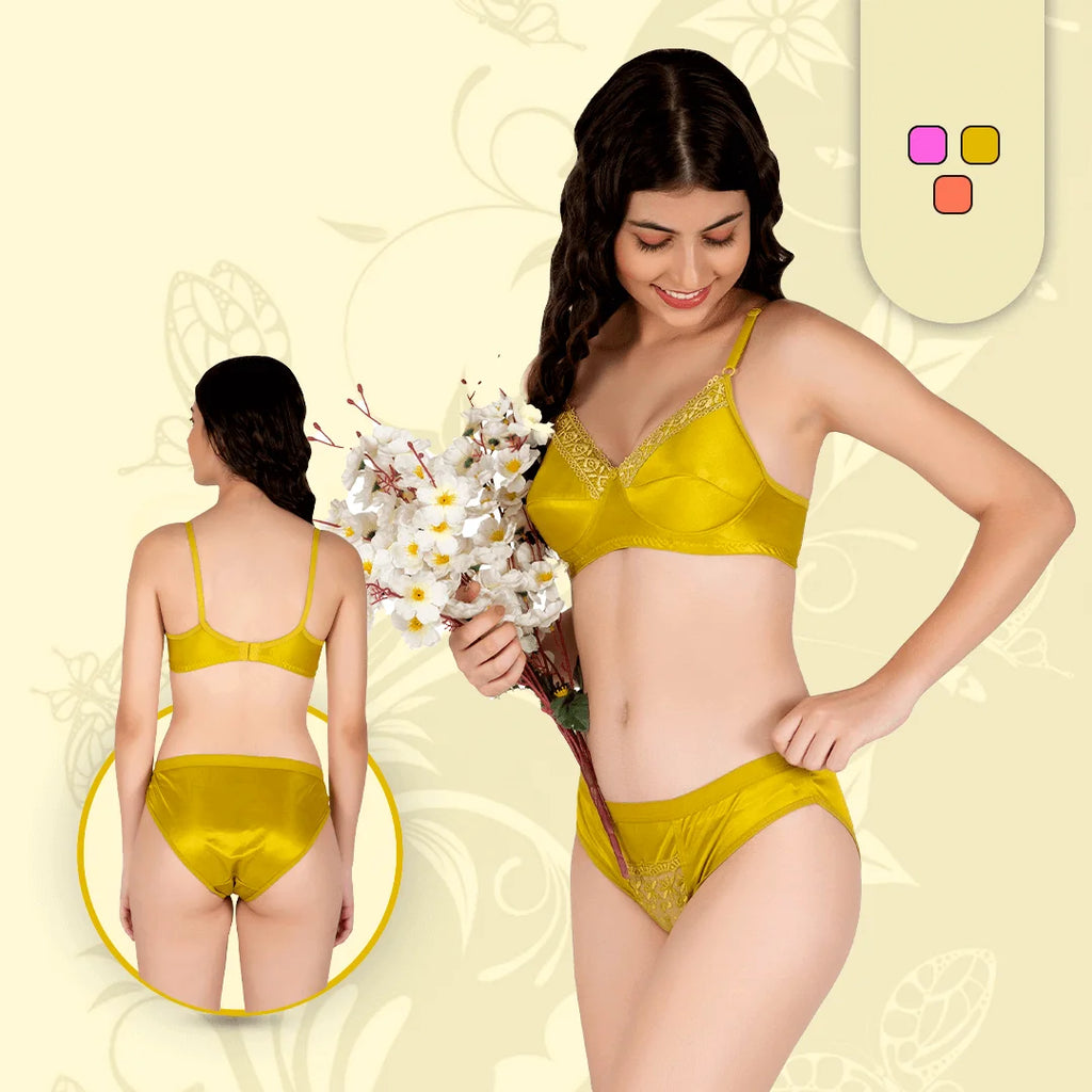 Satin Full Coverage Fancy Padded Lingerie Set for Women – Cotton-Rich, Wire-Free, Everyday Comfort