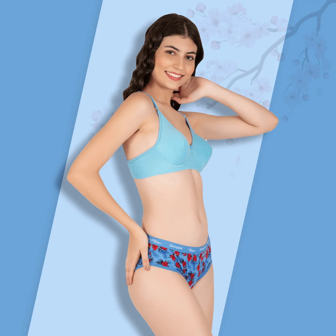 Cotton-Rich Full Coverage Bra & Hipster Panty Set for Women – Non-Padded, Wire-Free, Everyday Comfort